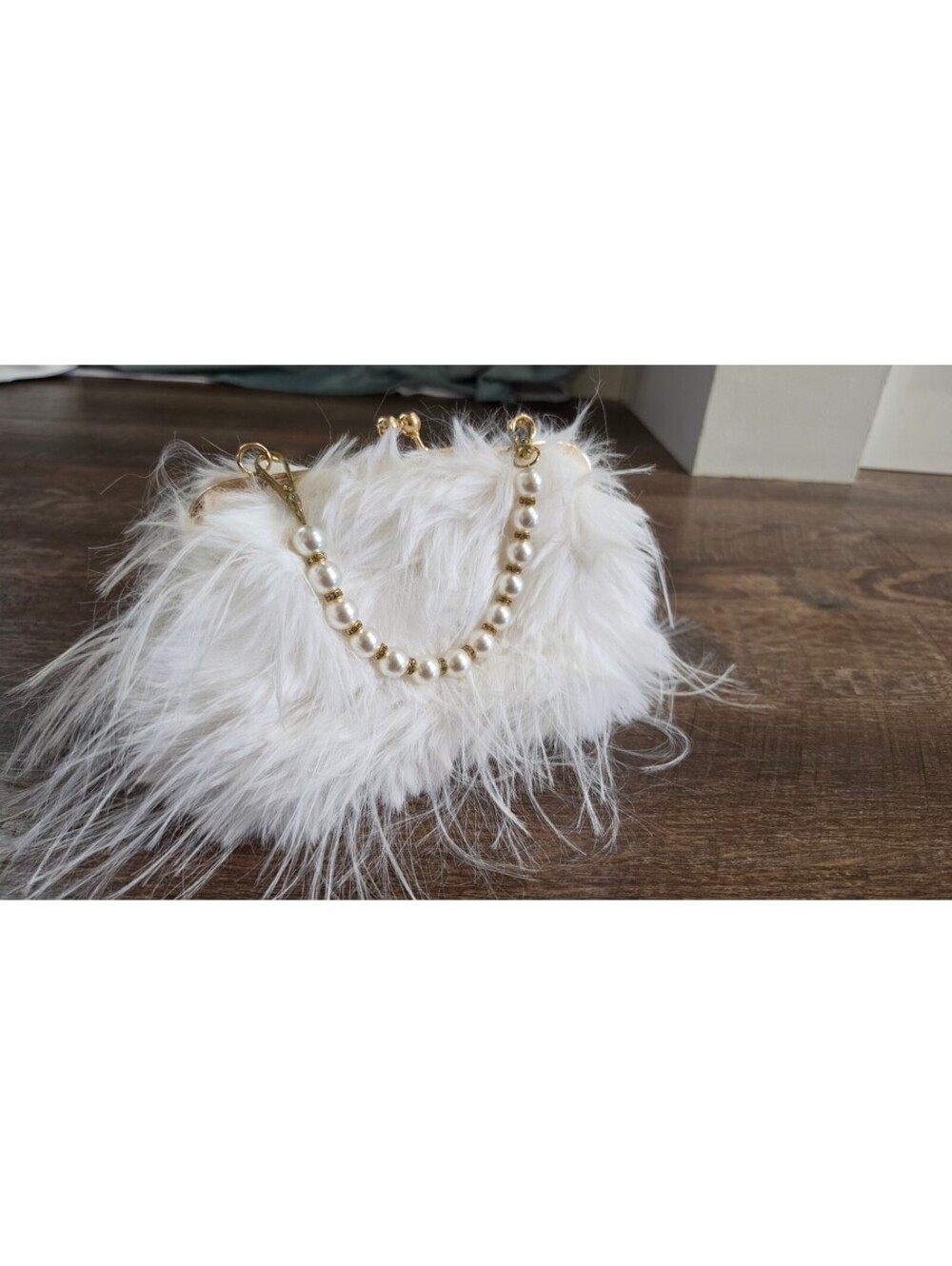 White Faux Fur Clutch Bag with Pearl Handle and Gold Frame